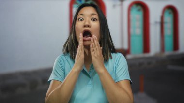 Arka planda renkli kapılar olan şehir sokaklarında duygularını gösteren bir kadın bağırıyor..