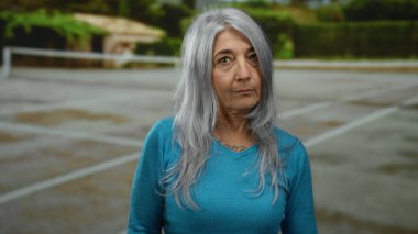 Gri saçlı yaşlı bir kadın açık hava tenis kortunda duruyor, sakin atletik bir ortamda derin düşüncelere dalmış yüz ifadesi ile karakterize ediliyor..