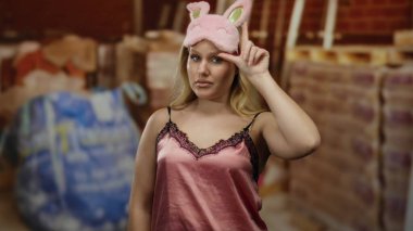 Şantiyede gece elbisesi giyen, pembe uyku maskesi takan, tavşan kulaklı bir kadın cesur bir ortamda oyuncu ve benzersiz bir kontrastı sergiliyor..