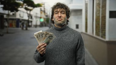 Bir şehir caddesinde elinde İngiliz banknotları tutan İspanyol adam şehir manzarası ve finansal konsept sergiliyor..