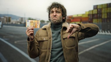 İspanyol asıllı bir adam, elinde avro banknotuyla deniz kıyısında bir limanda arka planda teknelerle baş aşağı bir hareket göstererek memnuniyetsizlik gösteriyor..