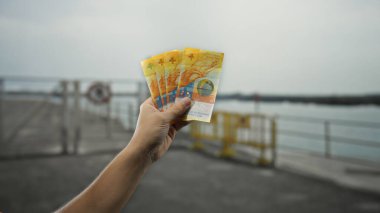 Arka planda tekneler olan İsviçre frangı banknotları tutan adam, hareketli bir limanda seyahat ve mali değişim hissi uyandırıyor..