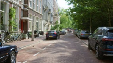 Park halindeki arabaların, bisikletlerin ve yemyeşil yeşilliklerin olduğu, güneşli bir günde batan bir Hollanda kentinin özünü yakalayan klasik bir Amsterdam caddesinin odaksız görüntüsü..