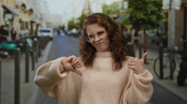 Gözlüklü ve süveter giyen bir kadın sokak ortasında dikiliyor. Açık hava ortamında karışık duygular sergiliyor..