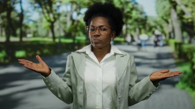 Parkta elleri açık bir kadın, şaşkınlık ve sorgulama ifade ediyor, gözlük takıyor ve ışık elbisesi giyiyor, bulanık ağaçlar ve arka plandaki insanlarla çevrili..