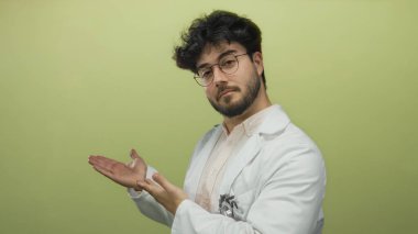 Beyaz önlüklü, sakallı, yeşil arka planda görülmemiş bir şey gösteren genç İspanyol bir adam profesyonel bir ortamda sunum ya da açıklama öneriyor..