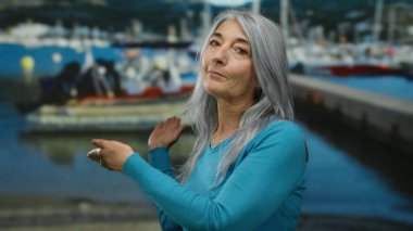 Gri saçlı yaşlı kadın arka planda teknelerle manzaralı bir sahil limanında hareketler yapıyor, canlı bir atmosferle açık havada bir anı yakalıyor.