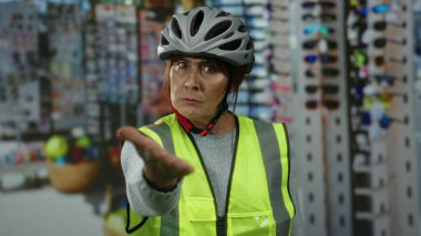 Bisiklet kasklı ve yansıtıcı yelek giyen İspanyol kıdemli kadın pazarın önünde el kol hareketi yapıyor; enerjik arka plan kentsel çevreyi ve canlı mağaza ortamını işaret ediyor.