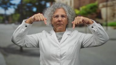 Beyaz önlüklü, gri saçlı bir kadın şehir sokaklarının arka planında işaret ediyor..