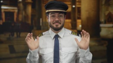 Kılavuz üniformalı sakallı genç adam tarihi bir kilise ortamında, sakin ve odaklanmış bir tavır sergiliyor..