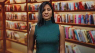 Kütüphanedeki genç bir kadın, kitaplarla çevrili düşünceli görünüyor. Bilgiyi yansıtıyor ve ev ortamında öğreniyor..