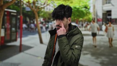 Kentsel sokak ortamında ağaçlar ve şehir manzarası olan genç İspanyol bir adam hareketli bir açık havada şık yeşil bir ceket giyerken ihtiyatı elden bırakmıyor..