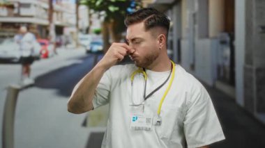 Sakallı genç bir doktor işlek bir caddede steteskop ve beyaz önlükle kötü bir koku yüzünden burnunu tutuyor..