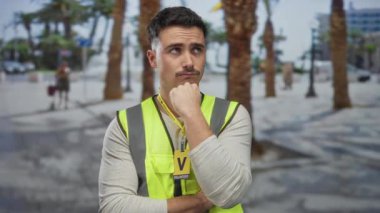 Yansıtıcı yelek giymiş genç İspanyol bir adam, bir şehir caddesinde, palmiye ağaçlarıyla çevrili bir gönüllü olarak dikiliyor, açık şehir ortamında bir anlık tefekkür görüntüsü yakalıyor..