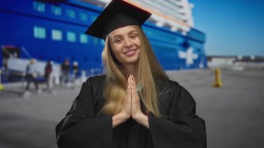 Mezuniyet elbisesi giymiş genç bir kadın dışarıda limanda duruyor. Minnettarlıkla el ele tutuşuyor. Arka planda büyük bir teknenin önünde gülümsüyor..