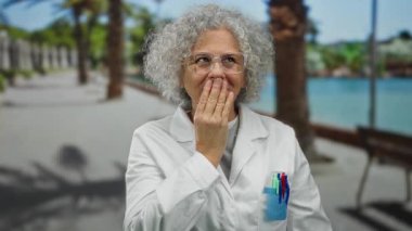 Sahildeki gezinti güvertesinde neşeli bir ifadeyle gülen, gözlüklü ve laboratuvar önlüklü bir kadın, güneşli bir günde bilimsel ve boş zamanların karışımını sergiliyor..