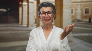 Eski bir kasaba sokağında gülümseyen gri saçlı, gözlüklü, beyaz bluzlu, şehir dışı manzaralı, tarihi mimari geçmişi olan yaşlı bir kadın..