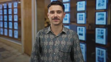 Şehir sokağındaki Latin asıllı genç adam aydınlanmış gösterilerin bulanık arka planına karşı kameraya şakacı hareketler yapıyor..