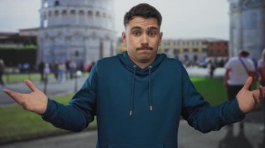 Mavi kapüşonlu genç adam dışarıda duruyor. Kafası karışık bir ifadeyle sidik kulesinin yanında. Canlı yeşil manzaralar ve tarihi İtalyan mimarisi arasında seyahat merakı ve kontrastı..