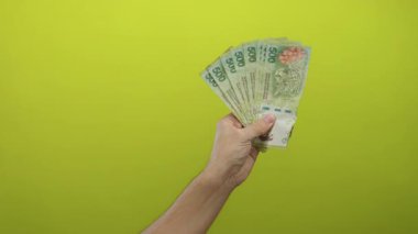 Arjantin pesolarını canlı sarı bir zemin üzerinde tutan adam, izolasyon ve renk karşıtlığı odaklı para birimi ve finansal kavramları vurguluyor.