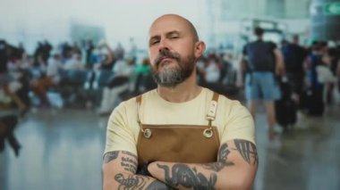 Kel, sakallı ve dövmeli bir adam kalabalığın önünde dikiliyor.