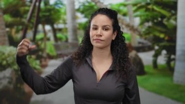 İspanyol kadın açık hava parkı ortamında güçlü bir jest sergiliyor. Canlı yeşil ortamlar ve günlük kıyafetlerle kendine güveni ve gücü somutlaştırıyor..