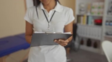 Tıbbi malzemelerle çevrili bir klinik odasında not alan genç bir kadın, sağlık hizmetleri ortamında profesyonel ve odaklanmış bir ortam sunuyor..