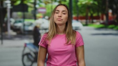 Pembe gömlekli kadın, elleri göğsünde, duyguları ifade eden, ağaçların, araçların ve hareketlerin bulanık arka planıyla sokakta duruyor..