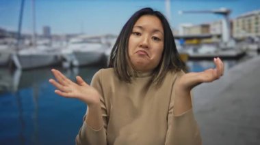 Güneşli bir günde marinada duran, kafası karışmış, arka planda tekneleri ve deniz olan bir kadın..