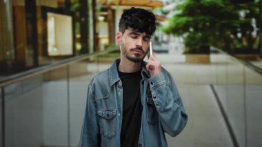 Şehir caddesinde, kot ceket giymiş, gözleri kapalı genç İspanyol bir adam telefonu kulağına dayayıp şehir ortamında düşünceli bir iletişimi öneriyor..