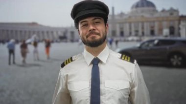 Pilot kılığındaki genç adam, güneşli St. Peter Meydanı, Vatikan 'da gülümsüyor, seyahat ve kültürü vurgulayan ikonik bir geçmişi var..