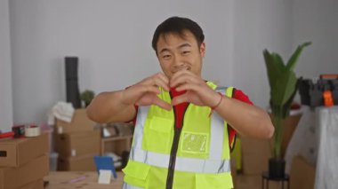 Genç adam yeni evlerinde kalp jesti yapıyor. Kutular ve bitkilerle çevrili, yüksek görüş mesafesi olan bir yelek giyiyor. Mutluluğu ve hareket sürecinin tamamlanmasını simgeliyor..