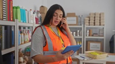 Canlı turuncu yelek giyen genç bir kadın, kapalı salonda bağış merkezinde tablet kullanırken telefonla konuşuyor.