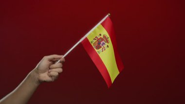 Kırmızı arka planda İspanyol bayrağı taşıyan bir adamın eli vatanseverliği ve ulusal gururu simgeliyor..