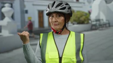 Miğferli ve yüksek görüşlü bir yelek giyen kıdemli İspanyol kadın şehir sokaklarında el kol hareketi yaparak şehir ortamında güvenlik ve farkındalık sağlıyor..