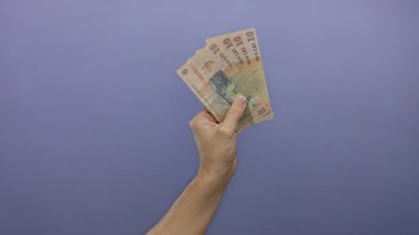 Romen lei banknotlarını elinde tutan beyaz bir adam, mor izole edilmiş bir geçmişe karşı, para birimi ve finansal temalar sergiliyor..