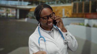 Kentsel bir bölgede, açık havada gülümseyen ve konuşan bir kadın, gözlük ve steteskop takıyor, profesyonellik ve bağlantı duygusunu iletiyor..