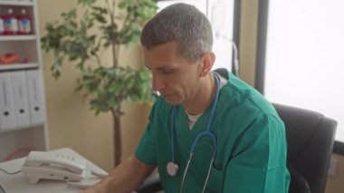 Hastane odasında steteskopla çalışan yeşil üniformalı bir adam. Etrafı tıbbi dosyalar ve ekipmanlarla çevrili. Klinik ortamdaki görevine odaklanmış..