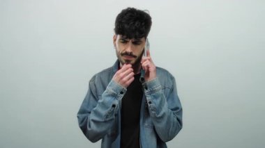 Ciddi bir ifadesi olan genç bir adam beyaz arka planda kot ceket giyiyor.