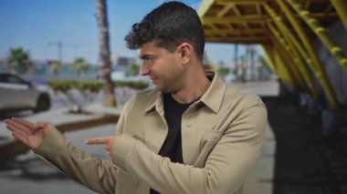 Adam, sokak boyunca, kafası karışık ama sıradan bir duruşu olan, avucunu açık havada tutan Latin asıllı genç bir sanatçıyla el ele tutuşuyor..