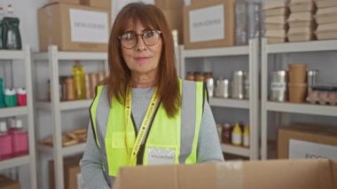 İçeride gönüllü yelek giyen, kutular ve malzemelerle çevrili bir hayır kurumunda baş parmağıyla gülümseyen son sınıf İspanyol kadın..