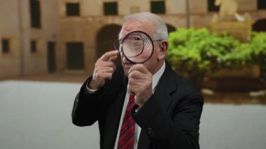 Takım elbiseli kıdemli bir adam sokakta büyüteç kullanıyor, bir araştırmacı temasını somutlaştırıyor, açık havada iş kıyafeti ve tuhaf bir ifadeyle..