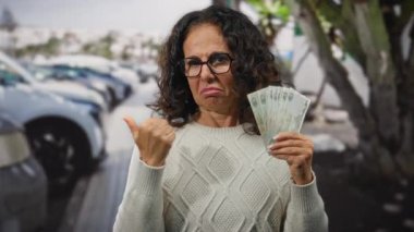 Uae şehrinde orta yaşlı bir kadın elinde Dirham banknotları ile caddeyi işaret eden şaşkın bakışlar atıyor..