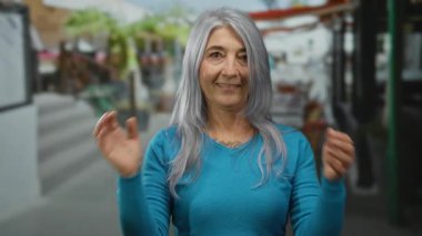Gri saçlı bir kadın canlı bir sokakta el çırpıyor, mutluluk ve pozitifliği ifade ediyor, mavi süveter giyiyor, dükkanların ve kafelerin bulanık arka planında..