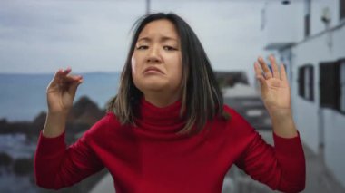 Deniz kenarındaki güvertede elleri kırmızı giyinmiş, açık havada duygularını ifade eden bir kadın..