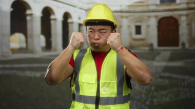 Kasket ve güvenlik yeleği giymiş genç bir adam eski bir üniversite avlusunda duruyor. Stres ve kararlılığını jestler ve duruşuyla ifade ediyor..