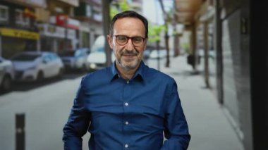 Olgun bir adam kentin sokak ortamında kendine güveniyor, mavi bir gömlek giyiyor, şehir hayatı ile çevrili, hareketli bir günde sıcaklığını ve takdirini iletiyor..