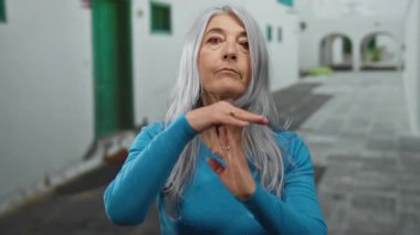 Gri saçlı yaşlı bir kadın, sessiz bir sokakta beyaz duvarlı ve yeşil kapılı geleneksel bir ortamda mola veriyor..