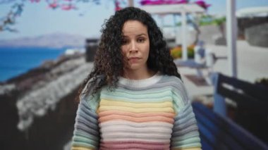 Deniz kenarında gezinen İspanyol bir kadın, renkli bir kazak giyiyor ve manzaralı bir plaj zeminine karşı kendini şaşırtan bir ifadeyle işaret ediyor..