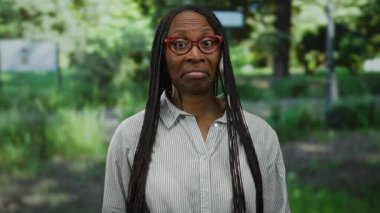 Parkta gözlüklü bir kadın yemyeşil arka plana karşı karışık ifadeler sergiliyor..